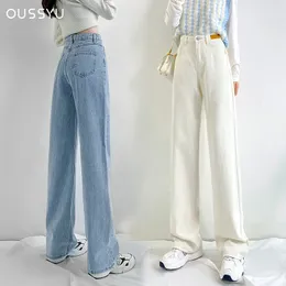 Jeans femininos OUSSYU Brand Woman Jeans High Wide perna de algodão Denim Roupas azuis de rua branca de rua vintage harajuku calças retas 230311