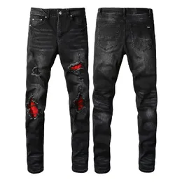 Mens Jeans Designer Design Red Patch Skinny Jeans Jogger Pants Elastics Distressed Ripped Slim Fit Denim For Men Black Perforated broderi Patch Elastic Slim