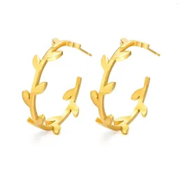 Hoop Earrings Women Stainless Steel Chain Surface Light Back Sand Leaf C Shaped In Fashion Jewelry Charm Earring