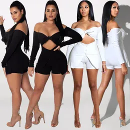 Casual Dresses Adogirl Slash Neck Off Shoulder Long Sleeve Playsuit Solid Cut-out Bow Knot Bra Jumpsuits Sensual Shorts One Piece Sets