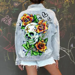 여자 재킷 Lugentolo Skull Jean Jacket Streetwear Fashion Long Sleeve Lapel Loose Printed Denim for 230310