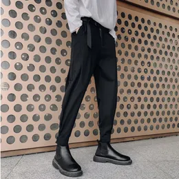 Men's Pants Spring Summer Men Harem Pants with Belt Fashion Tapered Ankle-length Bottoms Elastic Waist Casual Suit Pants Black Gray 230311