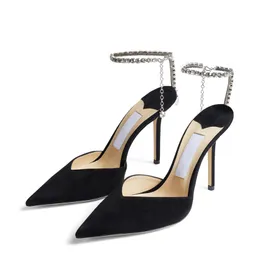 Moda kadın pompalar sandaletler Londra Choo Saeda 100 mm lüks yaz sivri ayak parmakları kristal ayak bileği zinciri süet tasarımcı İtalya gelin düğün partisi sandal yüksek topuklu ayakkabılar eu 35-43