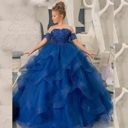 Flickaklänningar Royal Blue Puffy Flower For Wedding Beads Spaghetti Strap Kids Formal Wear Ruffles Tier Tulle First Communion Dress