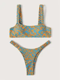 Kvinnors badkläder Sexig mikrobikini Kvinnor Orange Leopard Push Up Padded Thong Swimsuit Female Cut Out Bathing Swimwear Trajes de Bano 230310