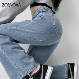 여자 청바지 Zoenova Baggy Straight Jeans Y2K Office Lady 여자 느슨한 바지 패션 라이트 블루 크로스 하이 허리 설계 레트로 바지 230311