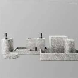 Bath Accessory Set Bathroom Grey Marble Vanity Countertop Toothbrush Holder Soap Dispenser Tumbler Dish