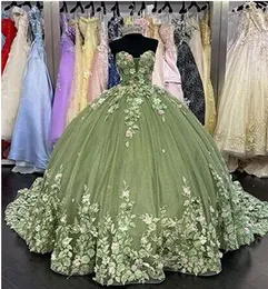 Romantische Blumen-Quinceanera-Kleider, Prinzessin Salbei, Ballkleid, luxuriöse Glitzer-Pailletten-Spitze, süßes 15-Abschlussballkleid, trägerlos, ärmellos, Kleider für besondere Anlässe