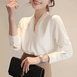 Women's Blouses OL Style Formal Women White Shirts V-Neck Blouse Elegant Workwear Female Blusa Vintage Fashion Long Sleeve Casual Top 2023