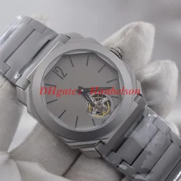 2021 Nowe zegarki męskie szary tytanowy pasek stalowy Turbillon Dial Automatische Uhr Mechanical Glass Bottom 41 mm