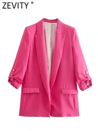 Ternos femininos Blazers zevity feminino Moda Moda Cor de coloração aberta Blazer Coat Office Lady Chic Roll Up três quartos de manga Tops CT1957 230311