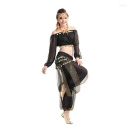 Stage Wear Professional Women Belly Dancing Sets Waist Chain Coat Pants Costume Wrap Sequins Belt Coin Chiffon Skirt Lantern Sleeve