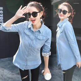 Frauenblusen Herbst 2023 Frauen Lange Jeans Hemd Mode Slim Basic Sleeve Denim Bluse Lady Freizeit unregelmäßige Saumknopf Camisas