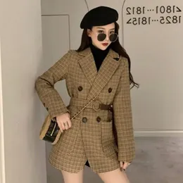 Женские костюмы Blazers Vintage Houndstooth Jacket Blazer Женская клетчатая жанка для женского котлета с ремнем с длинным рукавом женская одежда котенок 230311