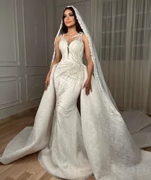 2023 árabe aso ebi sereia vestido de casamento de renda frisado sheer neck trem destacável vestidos de noiva vintage zj1134