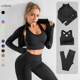 Yoga Outfits 2 3PCS Nähte Set Workout Sportswear Gym Kleidung Fitness Langarm Crop Top Hohe Taille Leggings Sport anzüge 230310