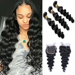 Brazilian Loose Deep Wave 3 Bundles with Closure Middle 3 Part Double Weft Human Hair Extensions Dyeable Human Hair 100gram b269K