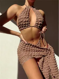 Women's Swimwear 3 Pieces Bikini Set with Skirt Brown String Thong Bathing Suit Swimsuit Women Cut Out Cover Up Swimwear Trajes De Bao 2023 Y2303