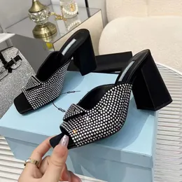 Black slippers thick heels fashion designer sandals rhinestones triangle buttons women casual shoes classic flip flop high heeled beach shoe