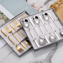 Dinnerware Sets 6pcs 304 Stainless Steel Spoon Fork Cutlery Korean Mixing Soup Household Tableware Gift Box160gsm