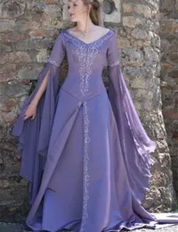 Średniowieczne haftowe lawendy sukienki na bal maturalne długie rękawy Linia v szyja fantastyczne formalne suknie wieczorowe vintage bajki specjalna sukienka dla kobiet