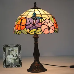 Lámpara de arte de vidrio Sala de estar Estudio de estudio Lámpara de mesa de mesa Vintage Lámpara de la noche de la noche Flores mariposa de vidrio tibio Tabl269b