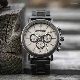 Relógios de punho relógio masculino Bobo Bird Fashion Wood e aço inoxidável Relógios militares para homens Calendário exibir mãos luminosas Drop