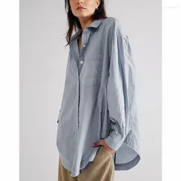 Kvinnors blusar ly bomullskvinnor Asymmetriska vänd ned krage -knappen upp långärmad toppar elegant ol blus camisas para mujer