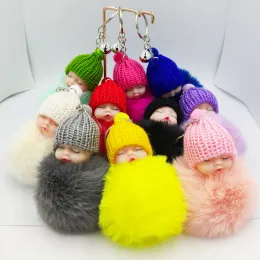 Cute Sleeping Baby Doll Key chain Pompom Rabbit Fur Ball Carabiner Keyring Women Kids Key Holder Bag Pendant