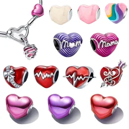 925 silver Fit Pandora Original charms DIY Pendant women Bracelets beads Metallic Pink Heart Charm 01344