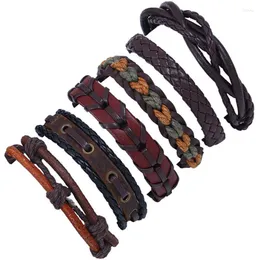 Charm Bracelets 6pcs/set Punk Hippie Black Dark Brown Leather Cord Macrame Knots Layers Stackable Wrap Bracelet Bangles Unisex Jewelry