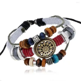 Braccialetti con ciondoli Gioielli punk di moda Bracciale retrò estensibile in pelle bovina multistrato Denim occidentale Pelle con perline di calcoli biliari neri in legno