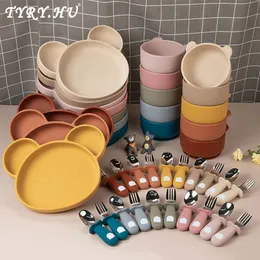 Cups Dishes Utensils TYRY.HU 4Pcs Baby Silicone Dishes Dining Bowls Cartoon Panda Shaped Tableware Baby Feeding Plates Bowl Fork Spoon BPA For Baby 230311