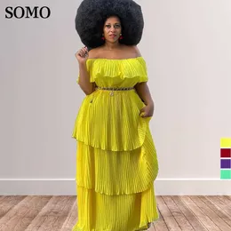 Artı boyutu elbiseler Afrikalı kadınlar giyim düz renk kapalı omuz pileli katmanlı elbise moda uzun toptan dropshipping 230307