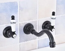 Banyo Lavabo muslukları Siyah Yağ Ovulmuş Bronz Yaygın 3 Delik Musluk Duvarı Montajlı Çift Seramik Tutar Karıştırıcı LSF496