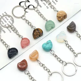 Keychains Natural Gems Stone Key Chains Skull Healing Crystal Holder Decor Agates Green Aventurine Sodalites Opal Pink Quartz Ring