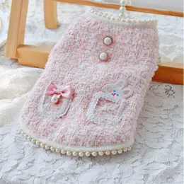 Handmade Winter Dog Apparel Clothes Pet Vest Waistcoat Pearl Collar Princess Pink Tweed Lining Polyester Sherpa Thick Soft Warm Wa342H