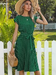 Casual Dresses Summer Women Polka Dot Short Sleeve Dress Casual Bandage Party Pleated Midi Dresses Elegant Green Office Lady Clothing 2022 G230311