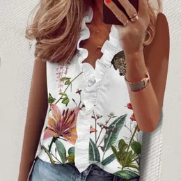 Women's Blouses & Shirts Straight Cut Sleeveless Flower Print Lady Shirt Deep V Ruffle Design Top Breathable All-match Wear Resistant Women