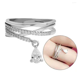 خواتم الزفاف رائعة Zircon Stone Silver Engagement for Women Fashion Double Layer Crossover Water Drop Ring Ring
