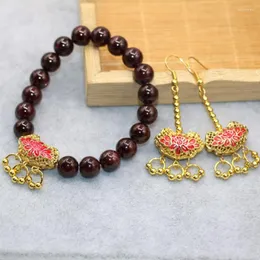 Necklace Earrings Set Natural 8mm Garnet Round Stone Beads Bracelets For Women Gifts Diy Cloisonne Jewelry 7.5inch B3028
