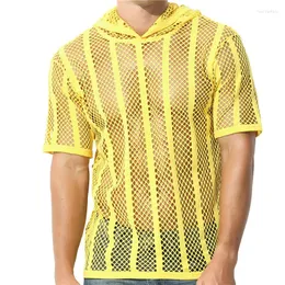 قمصان الرجال الصيفية من الرجال الصيفية شبكة الشبكة شاهد من خلال القميص القميص الأكمام مقنعًا شاطئًا غير رسمي على الشاطئ الرياضي الرياضي الرياضي.