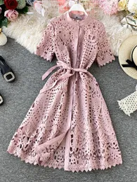 Casual Dresses Women Elegant Hollow Out Lace Dress Office Lady Summer Solid O-Neck Button Up Sashes Midi Female Chic Short Sleeve Dresscasua