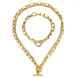 Halskette Ohrringe Set MinaMaMa Edelstahl Mehrschichtige Kette Für Damen Herren Toggle Choker Hip Hop Armband