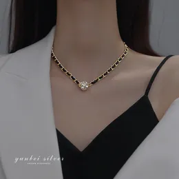 AFSHOR 2023 New Long Weave Black Leather Chain Necklaces for Shiny Zircon Magnet Buckle Women Layer Chain Choker Necklace Clavicle Necklaces Wholesale