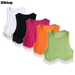 Women's Tanks Camis Xiktop Summer Winter Knitting Slim Women's Vest O-Neck Jewelry Tassel Decorative Vest Casual Sexy Tank Crop Tops female Sweater 230311