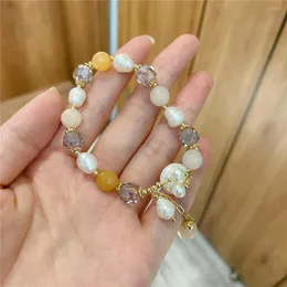 Strand Style Natural Baroque Freshwater Pearls Bracelets for Women Yellow Crystal Handmade Banged Bangle Modern Jewelry YBR432