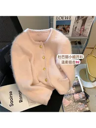Women's Knits Tee Autumn Winter Solid Color Crewneck Warm Knitwear Baggy Long Sleeve Patchwork Plush Knitted Cardigan Sweater Chic 230311