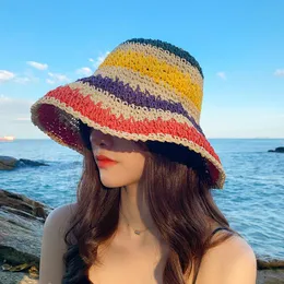 Breda randen hattar sommar kvinnors hink hatt halmgjorda regnbåge virkning vikbar bob förälder-barn Panama barn kvinnlig strandsol visir