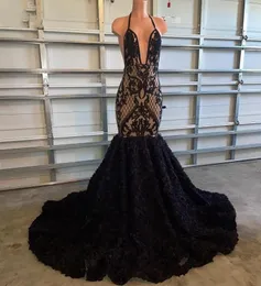 African Black Prom Dresses For Arabic Women With 3D Floral Lace Sexy Halter Applique Party Gowns Long Mermaid Plus Size Evening Dress